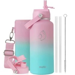 Buzio Duet Series Water Bottle with 2 Lids and Sleeve 1L - Pink Green